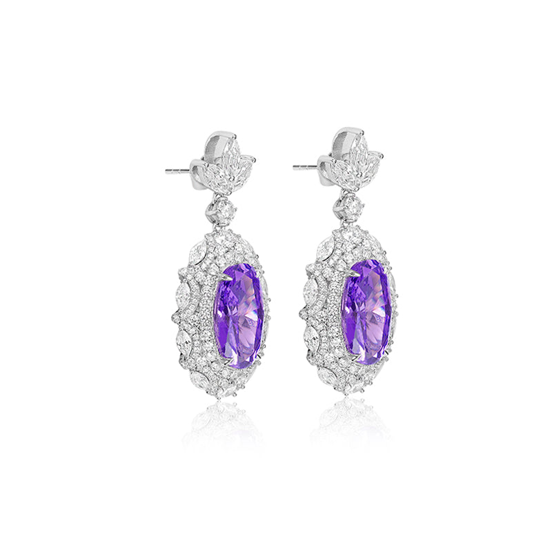 Pre-order customized oblong shape earring designs featuring a captivating combination of purple diamond color, oblong shape, and a dangle luxurious design