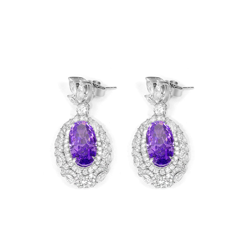 Pre-order customized oblong shape earring designs featuring a captivating combination of purple diamond color, oblong shape, and a dangle luxurious design