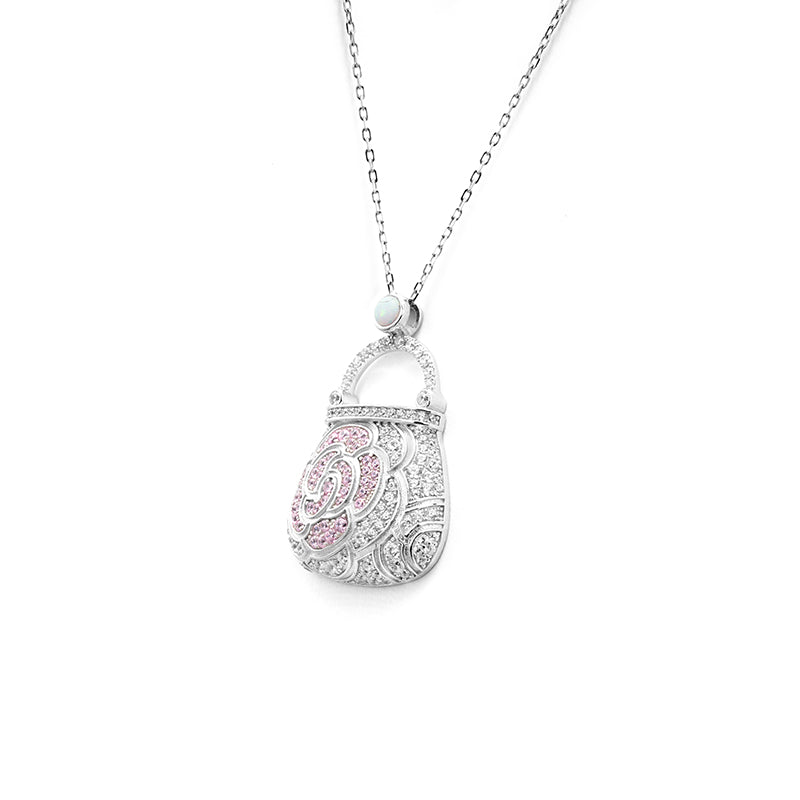 Pink Camellia little bag pendant, sterling silver