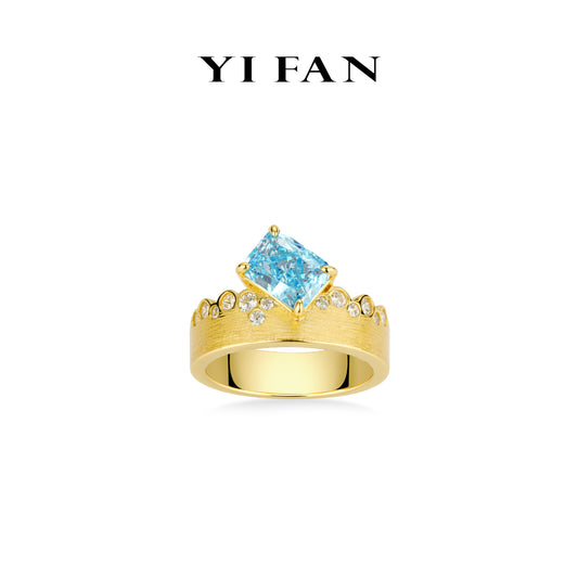 Intense Blue collection: Modern Brushed "Icy Blue Rock in Golden Wave Bubbles" detailed wide band Ring