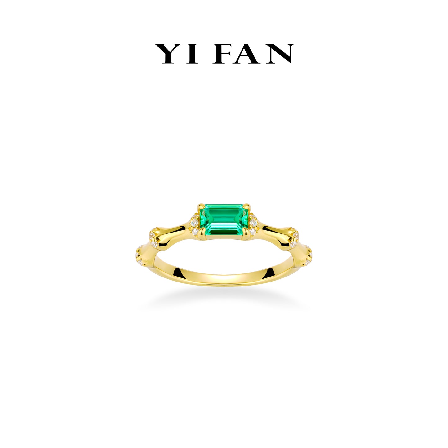 Lab Grown Emerald collection: Golden "Emerald-cut Bamboo Joint" delicate Ring