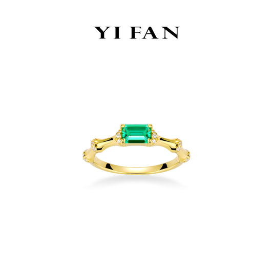 Lab Grown Emerald collection: Golden "Emerald-cut Bamboo Joint" delicate Ring