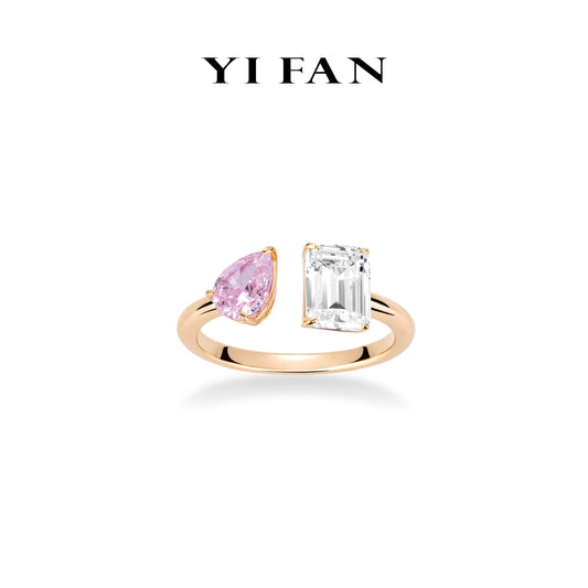 Wedding collection: Modern "Icy Pink Pear & Emerald-cut Champagne 2 Rocks" exquisite Open Ring