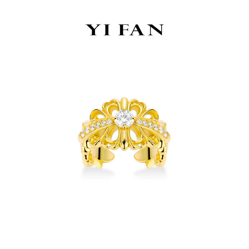 Golden time collection: Modern "Hollowed out Iris" detailed wide-band Open Ring (Unisex)