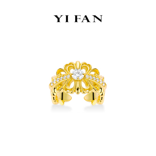 Golden time collection: Modern "Hollowed out Iris" detailed wide-band Open Ring (Unisex)