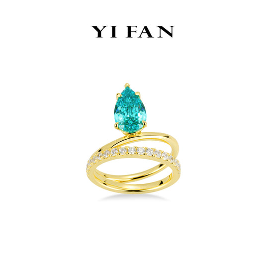 Paraíba Color collection: Modern "Golden Deep Sea Droplet" unique Double Line RIng