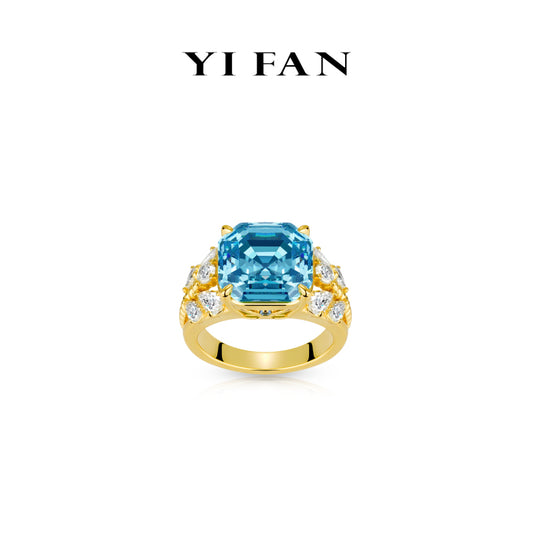 Blue Diamond color collection: Modern "Golden Blue Radiance" exquisite Asscher-cut Ring