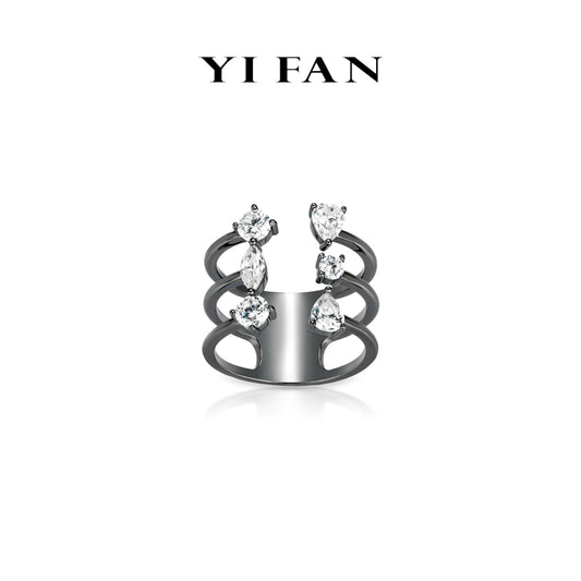 Black and White Geometry Collection: Modern "Black gold Geo - Sparkle" detailed Open Ring