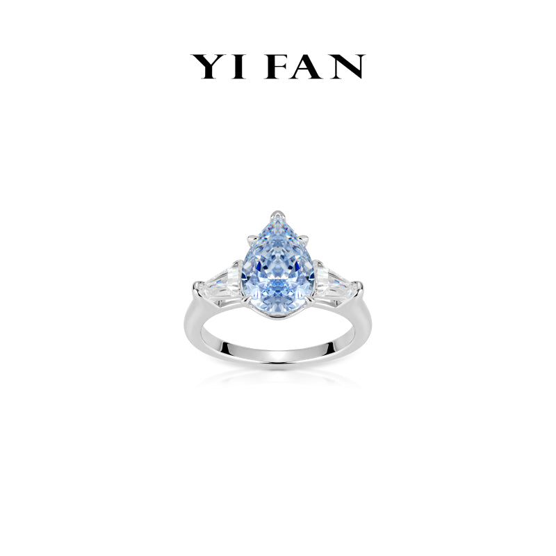 Intense Blue diamond color collection: Modern "Icy Blue Droplet" exquisite  3-stones Ring