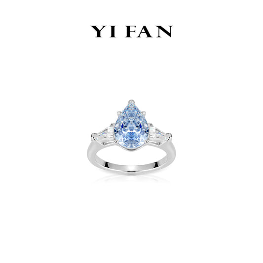 Intense Blue diamond color collection: Modern "Icy Blue Droplet" exquisite  3-stones Ring