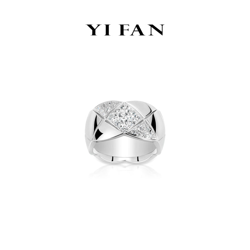 Geometric Luxe Collection: Modern “Silver X grid pattern Sparkle” exquisite wide band Ring (Unisex)