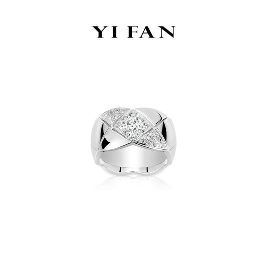 Geometric Luxe Collection: Modern “Silver X grid pattern Sparkle” exquisite wide band Ring (Unisex)