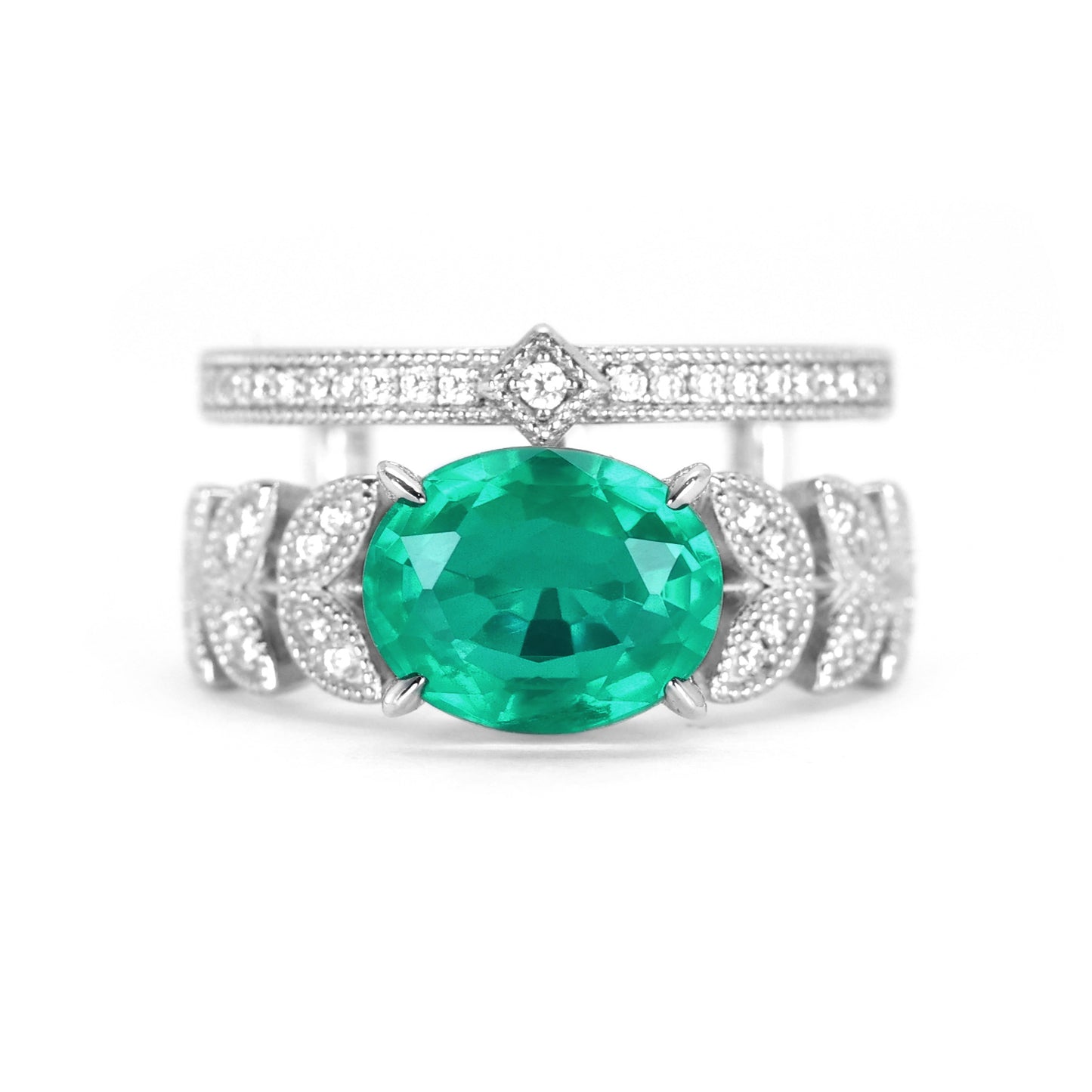 Pre-order Synthetic Emerald collection: Pigeon egg double row Ring