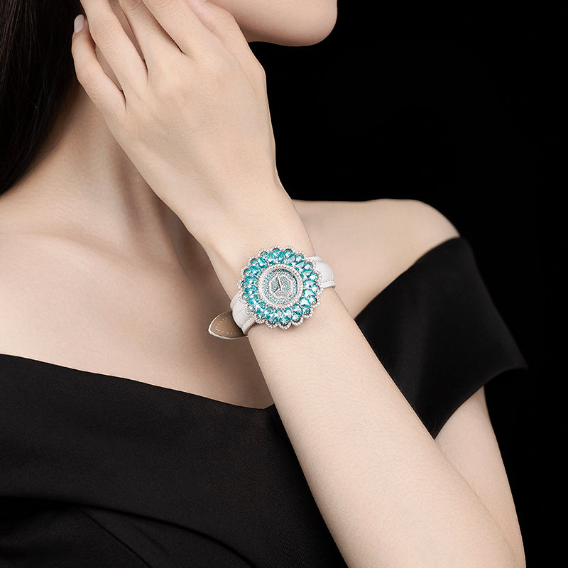 Showstopping Paraiba color Lab created stones Luxury Watch Bracelet: Elevate Your Style with A Rare color in a Timeless Design