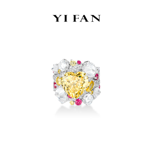 Pre-order High Jewelry Yellow Diamond color collection: Luxury Mixed-cuts "Heart of Brilliance" detailed Banquet Ring