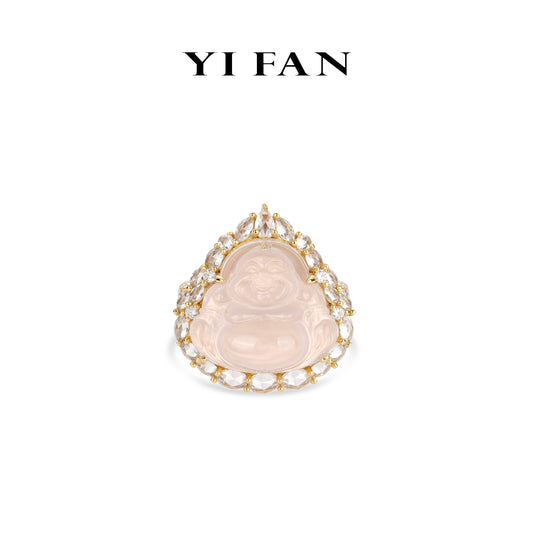 Pre-order High Jewelry Collection: Golden Light Pink Icy Jade Maitreya the "Laughing Buddha," detailed Ring