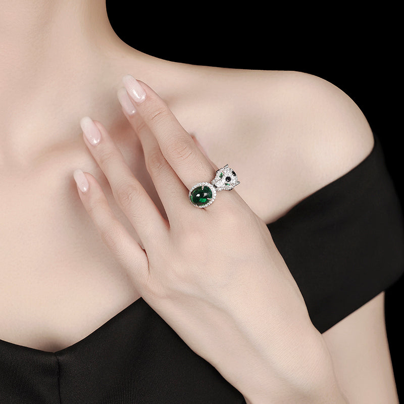 Jaguar selection： featuring stunning artificial emerald and Diamonds color Lab created stones open ring. sterling silver