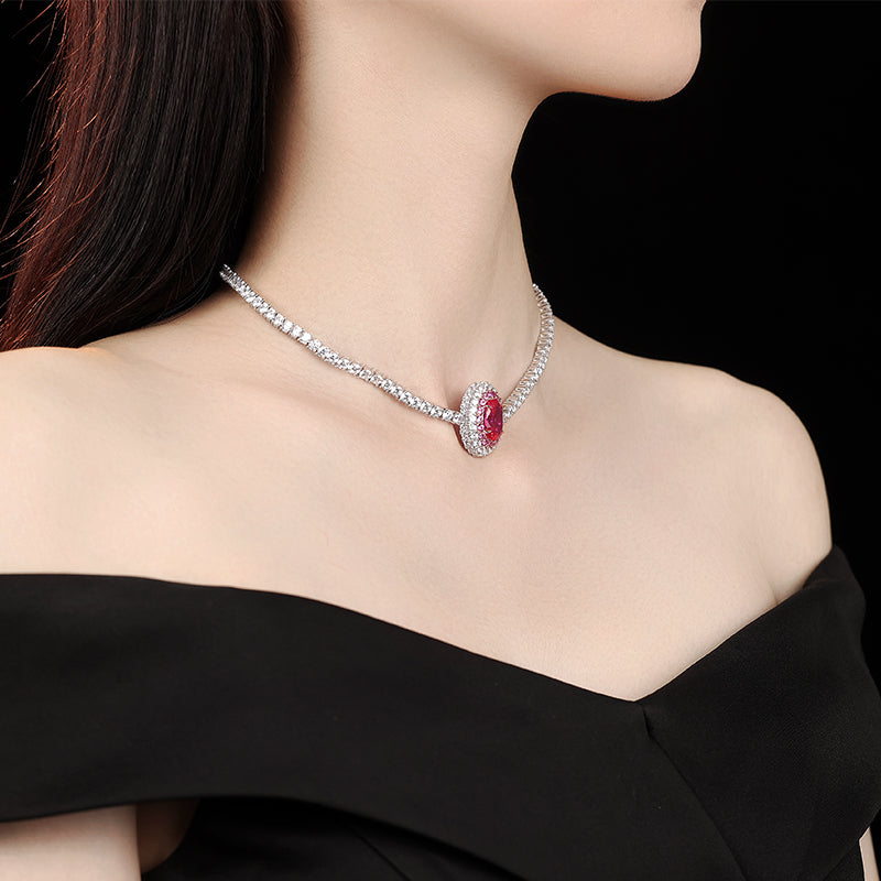 Micro-setting dark oval Pink diamond color Lab created stones Romantic Luxury Tennis chain collar necklace, sterling silver