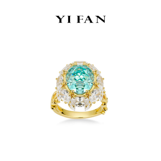 Paraíba Color collection: Luxury "Mint-Blue Sea Water-droplets Golden Arm" unique Tassel Ring