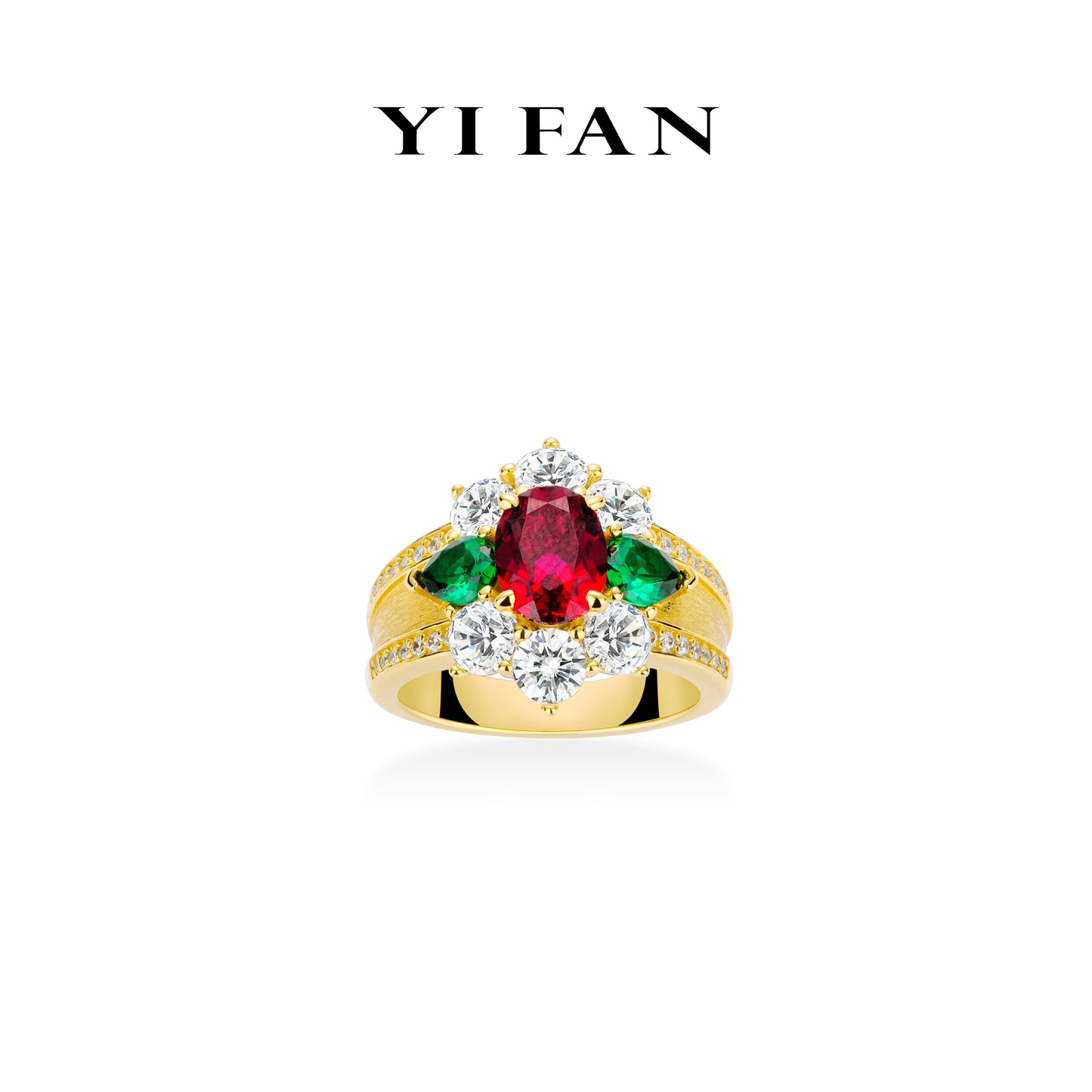 Ruby color collection: Modern "Brushed Bright Red&Green Sunflower" detailed Golden-arm Ring