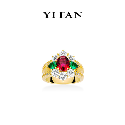 Ruby color collection: Modern "Brushed Bright Red&Green Sunflower" detailed Golden-arm Ring