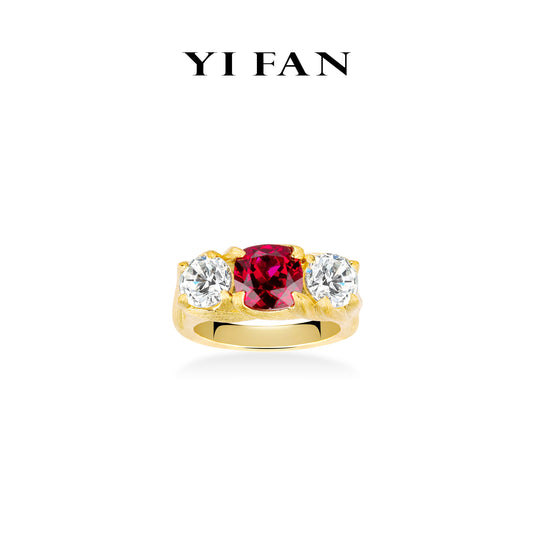 Ruby color collection: Modern Brushed "Golden 3 stones" Unique band Ring