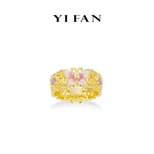 Animal collection: Modern "Hollowed Golden Pink Butterflies" Ming fire enamel Ring