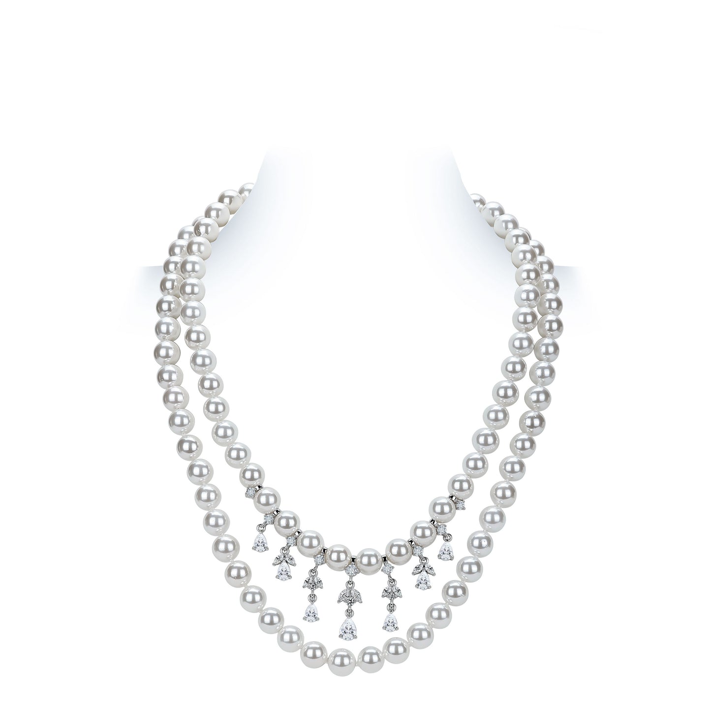 Wedding collection: Multi-Layer Long White Shell-pearls Teardrop Tassel Necklace