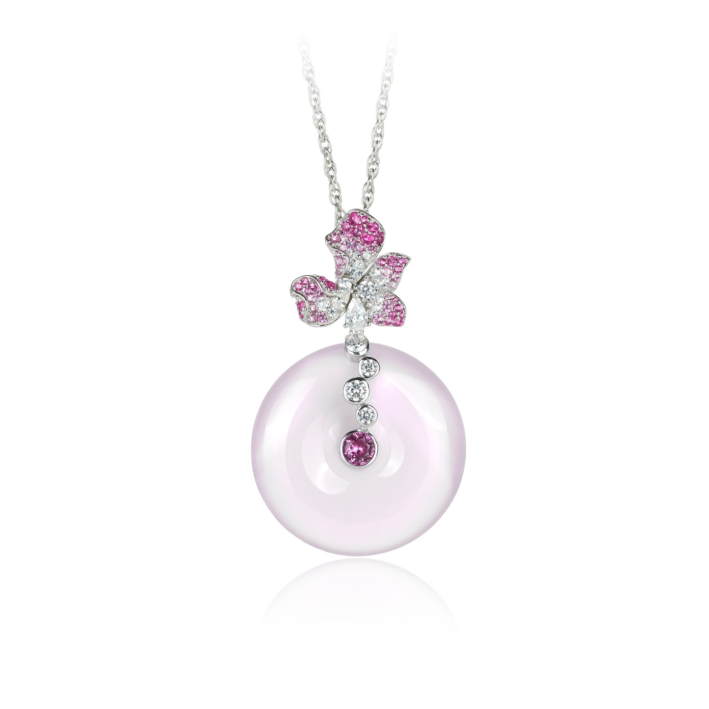 Pinkish purple chalcedony "Three petal flower & Donut" modern necklace