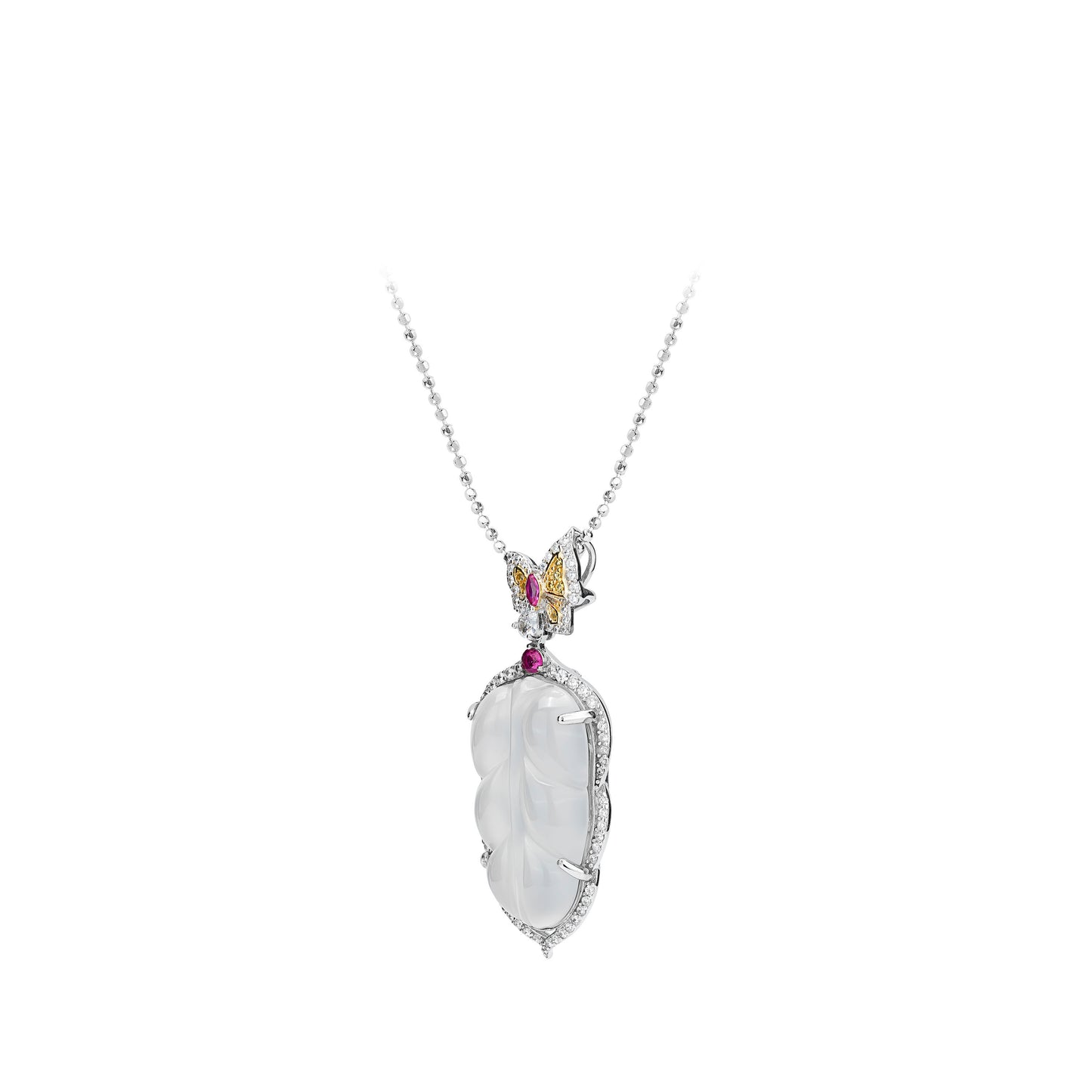 Icy chalcedony carved White Leaf detailed butterfly pendant