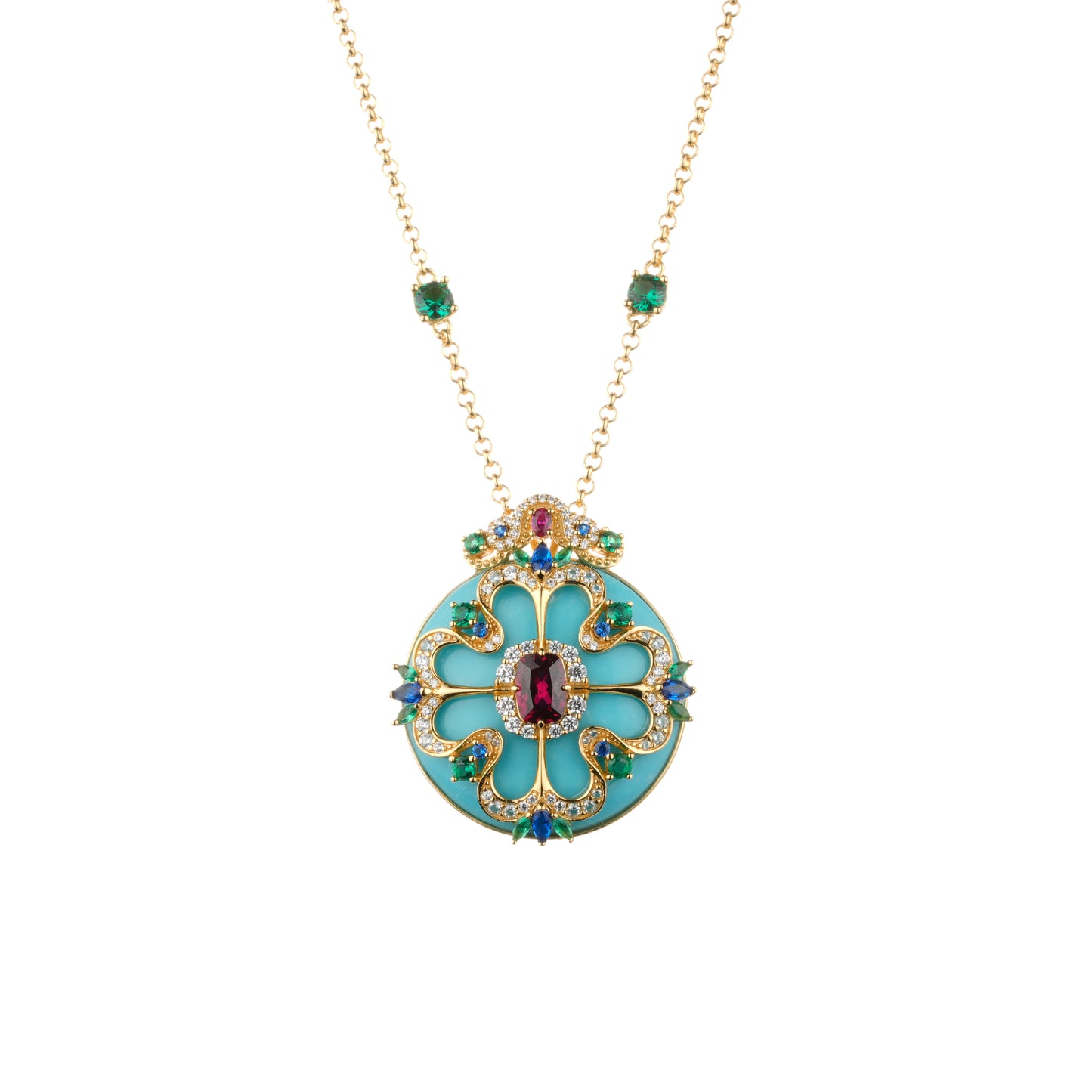 High Jewelry collection: Luxury Art-design "Colorful Sky Blue Golden Compass" detailed Pendant/Necklace (with unique Chain)