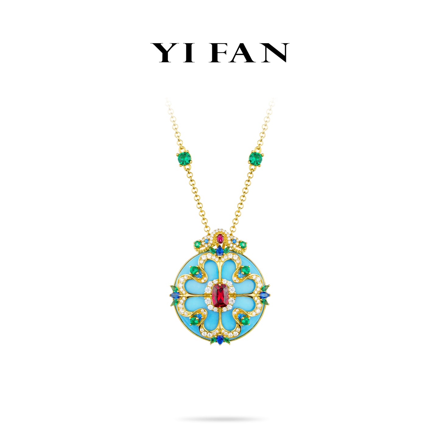 High Jewelry collection: Luxury Art-design "Colorful Sky Blue Golden Compass" detailed Pendant/Necklace (with unique Chain)