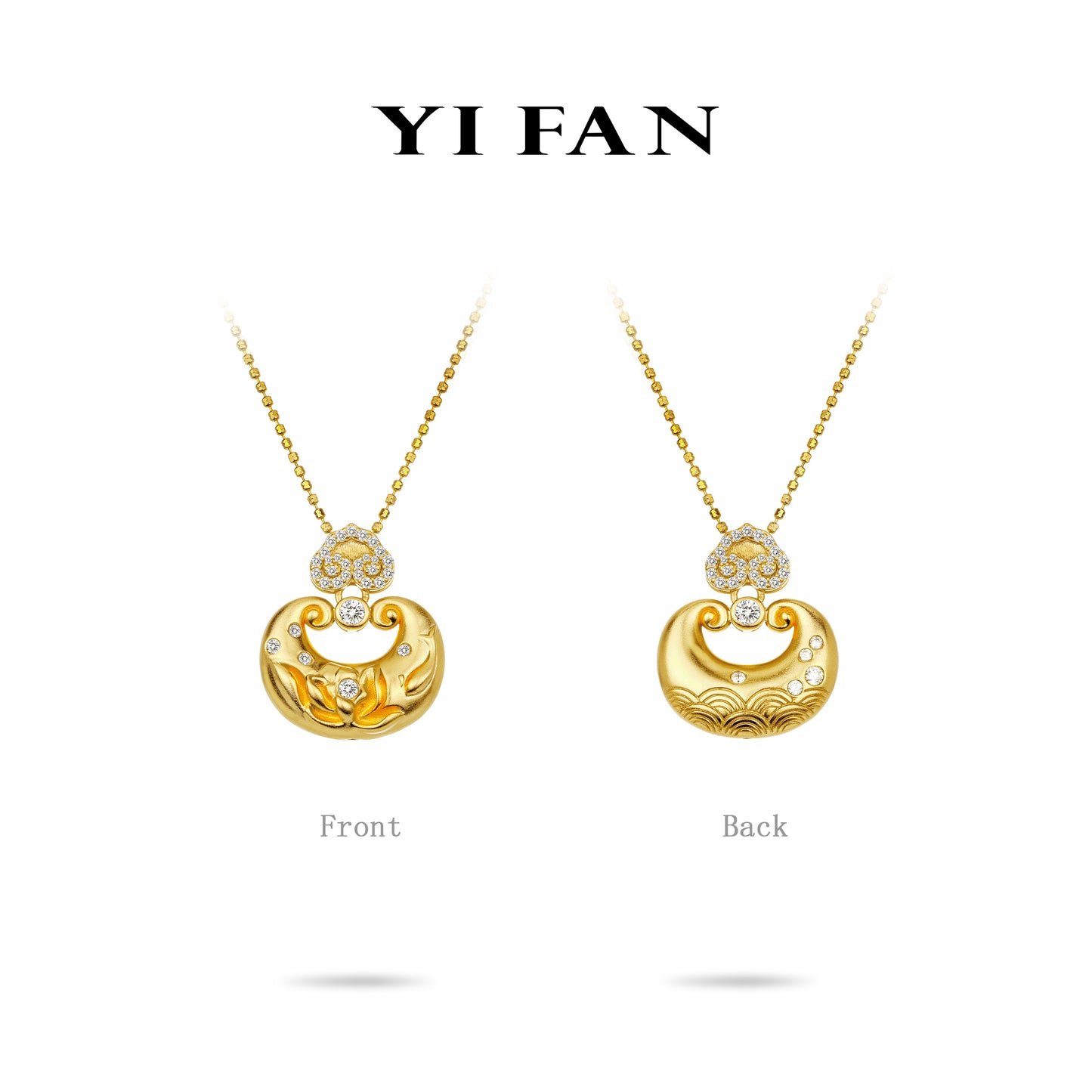 Golden time collection: Carved "Lucky Ruyi with Lotus & Wave" detailed Pendant/Necklace (2 side to wear)