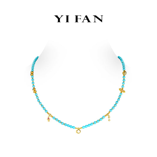 Pre-order High Jewelry collection: Multi-purpose "Golden Treasures with turquoise beads" detailed Long Necklace (with adapter)