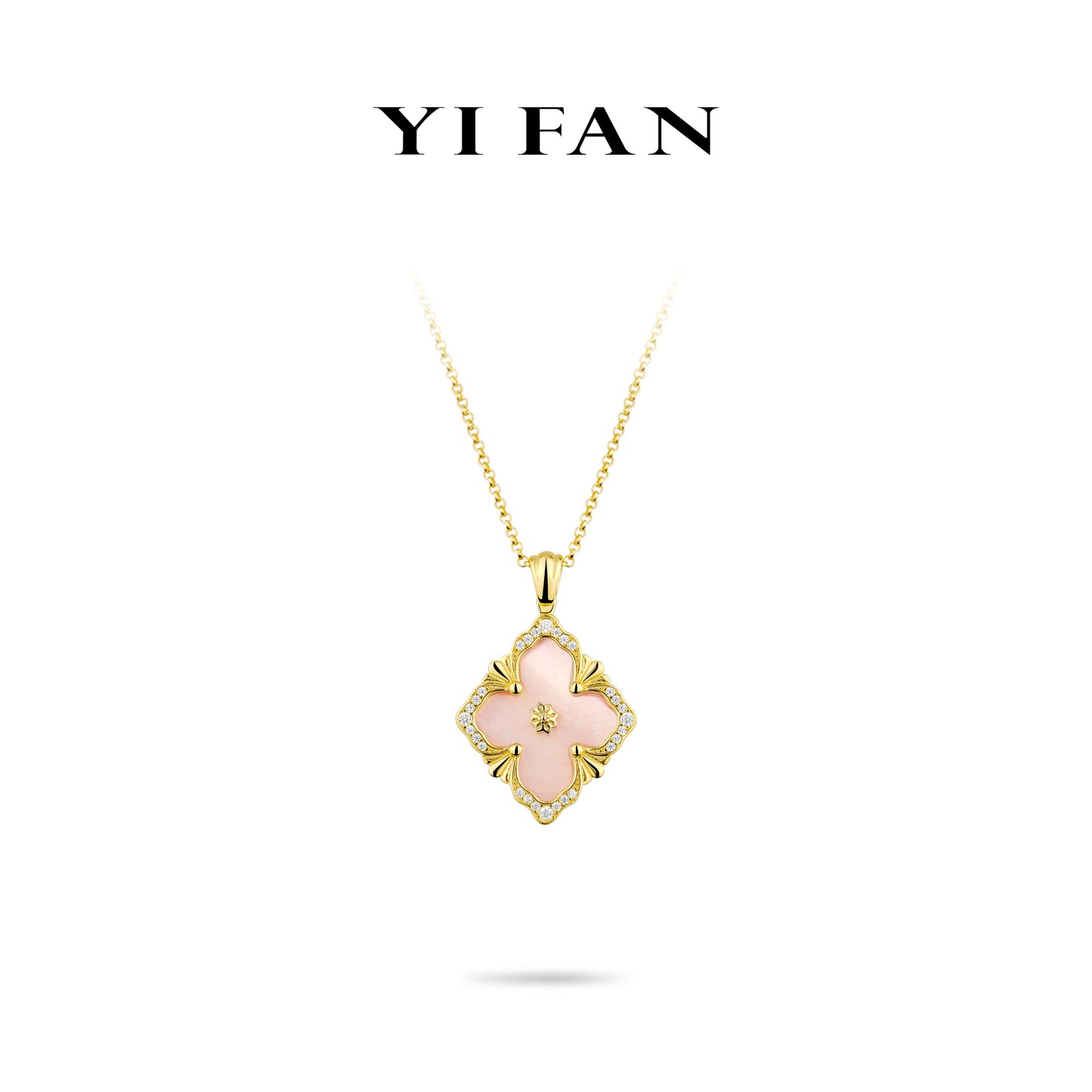 Golden time collection: Modern "Pink Mother-of-Pearl carved 4-petal Flower" detailed Pendant Necklace