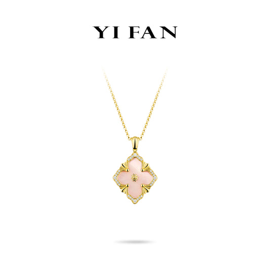 Golden time collection: Modern "Pink Mother-of-Pearl carved 4-petal Flower" detailed Pendant Necklace