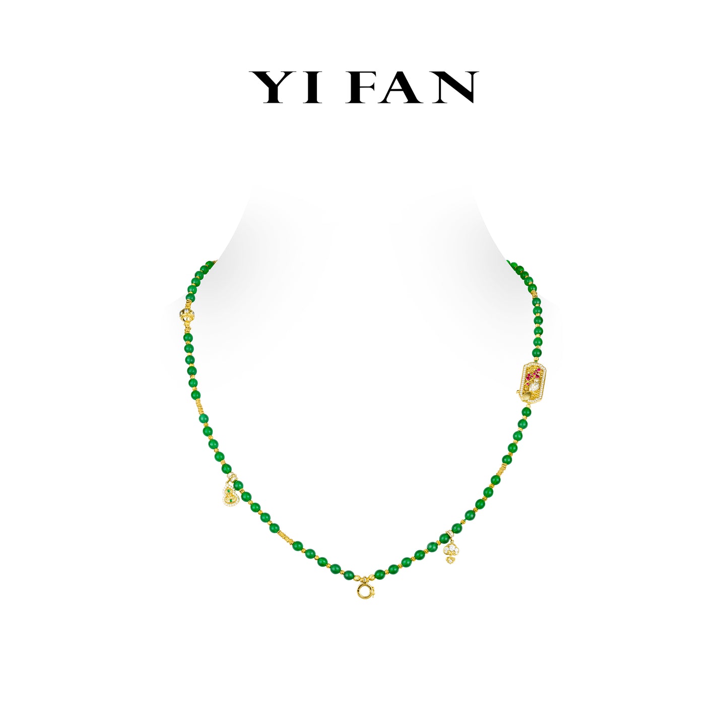 Pre-order High Jewelry collection: Multi-purpose "Golden Magpie treasures with Green jade beads" detailed Long Necklace