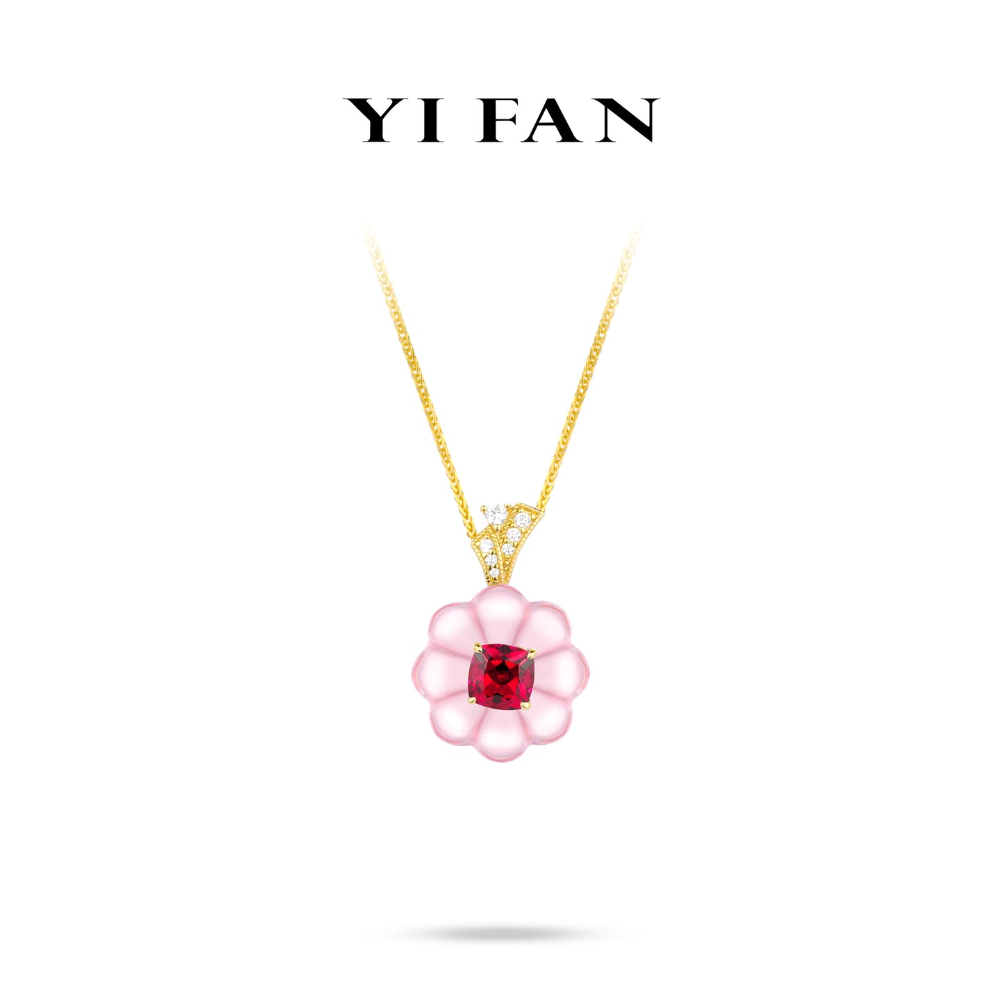 Ruby color collection: Modern "Pink Flower & Red Cube" unique Golden Pendant/Necklace