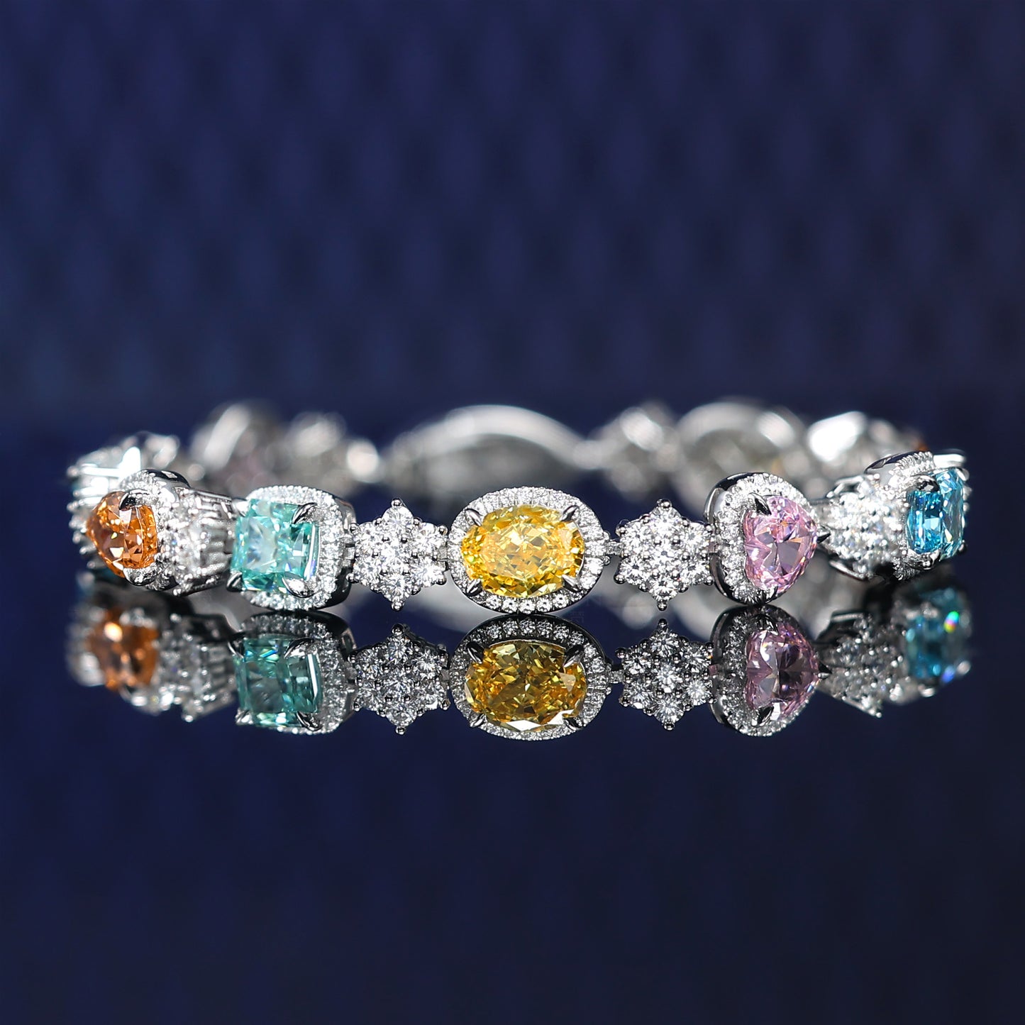 Micro-setting blazing with colour Lab created stones fully studded Rainbow bracelet, sterling silver