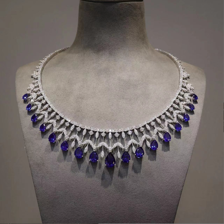 Customized party necklace only 1 piece Tanzanite color Lab created stones Romantic Drop necklace, sterling silver