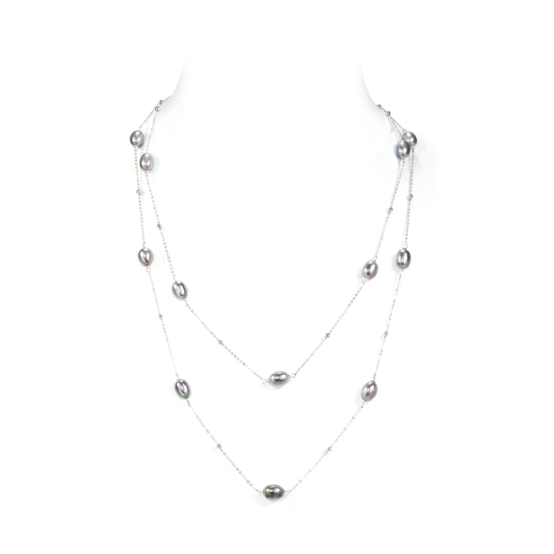 Promotional design Multi-purpose natural Grey freshwater pearls multi-layer fashionable necklace, sterling silver.