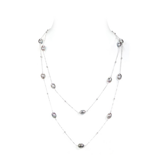 Promotional design Multi-purpose natural Grey freshwater pearls multi-layer fashionable necklace, sterling silver.