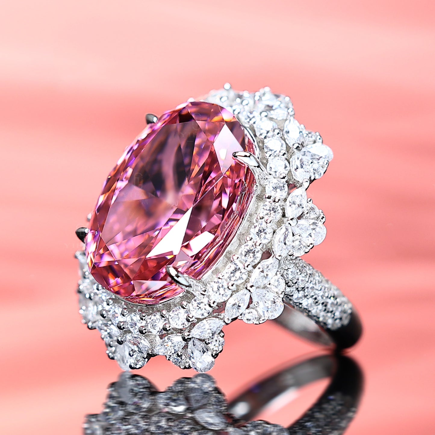 Dark pink diamond color lab created stones pigeon egg ring (30 carat)