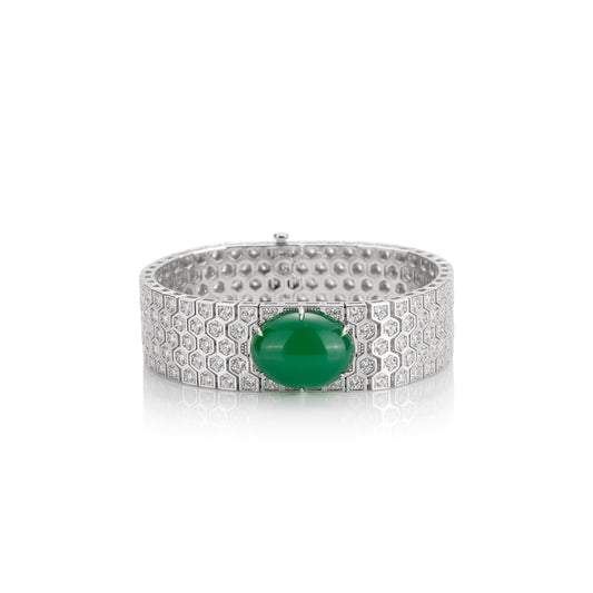 Limited edition：Green Jadeite Oval wide Silk Bracelet