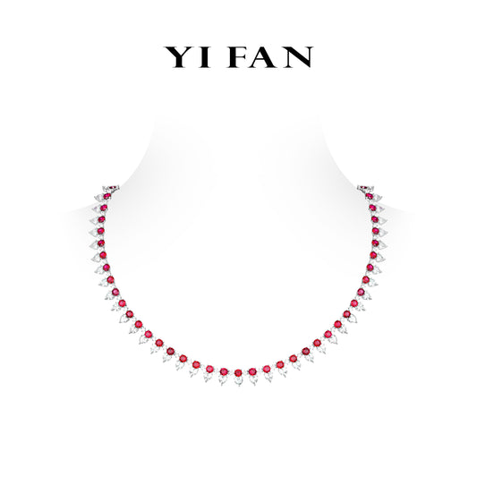 High Jewelry Ruby Color collection: Luxury "Scarlet Flaming Icy White Hearts" detailed Tennis Necklace