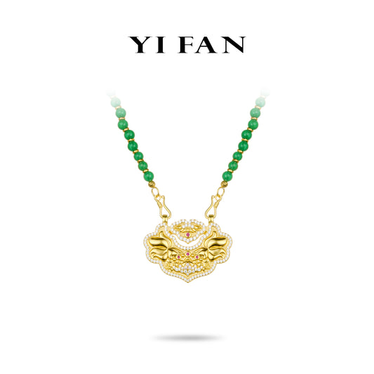 Pre-order High Jewelry collection: Luxury "Mysterious Big Golden Ruyi with Lotus" Green Jade beads Necklace