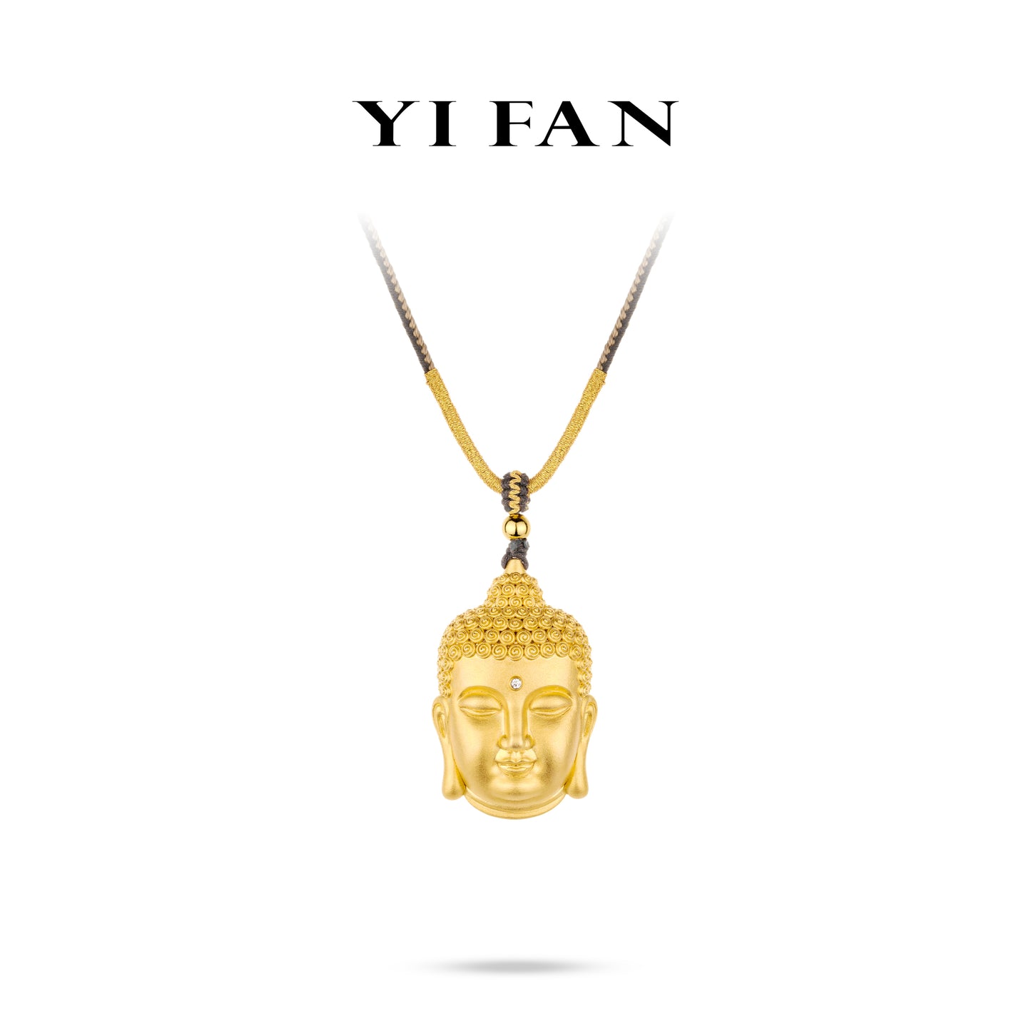 High Jewelry collection: Brushed 3D "Buddha" detailed Angle Satin Pendant (with unique Hand-woven Golden-brown string/cord)