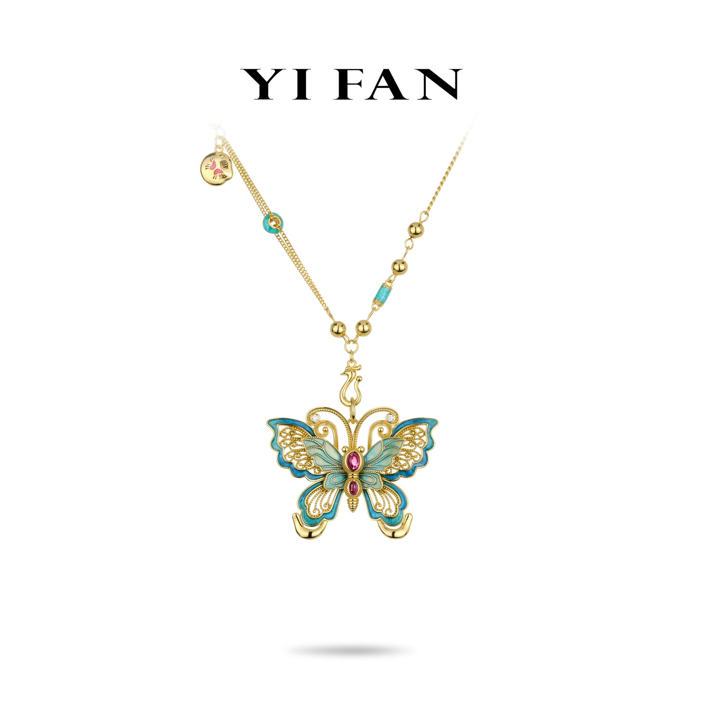 Limited Animal collection: Luxury "Vibrant Butterfly with unique Golden Chain" detailed Ming fire enamel Pendant/Necklace