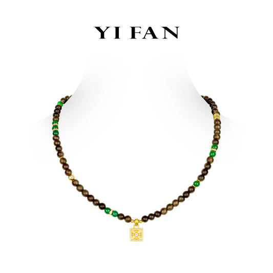 Pre-order High Jewelry collection: Multi-purpose Hand carved "Green jade with Agalloch Eaglewood beads Luxury Golden Bag" detailed Pendant/Necklace