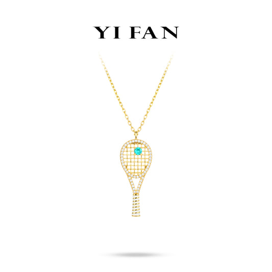 Paraíba Color collection: Modern "Neon Blue Dazzling Golden Tennis Racket" exquisite Pendant/Necklace